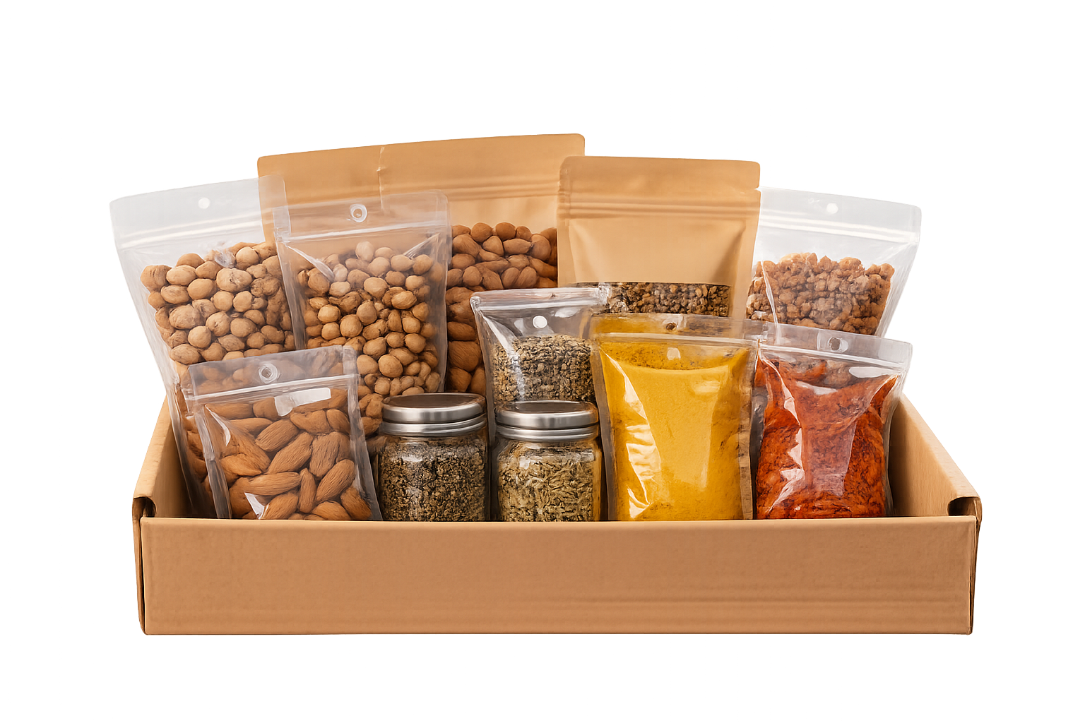 Indian food export products including spices, dry fruits, nuts, and ingredients